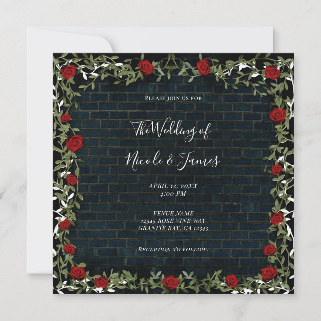 Invitación Rosa Roja Vina Boda Rústica De Ladrillo Oscuro Ele (Anverso)