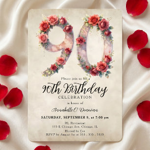 Invitación Rosa roja vintage acuarela 90 cumpleaños