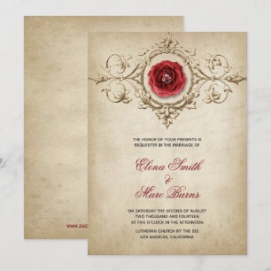 Invitación Rosa Roja Y Adorno Beige Boda