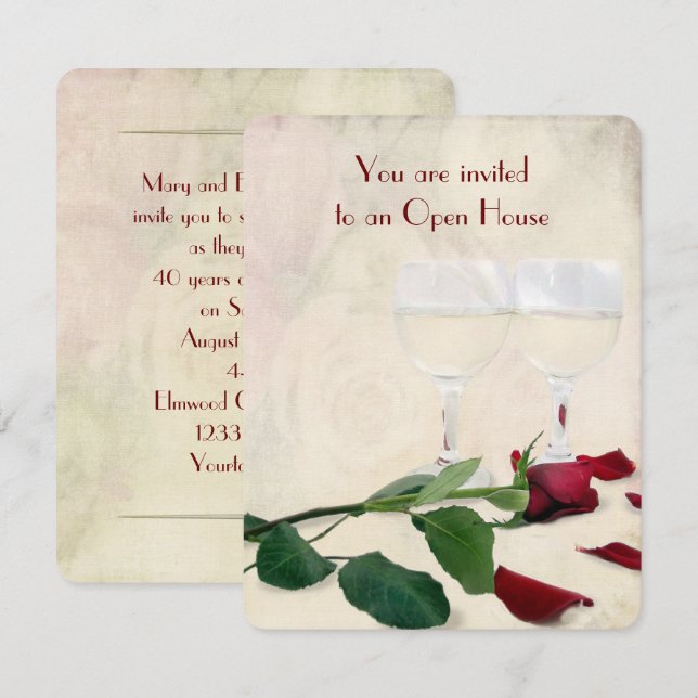 Invitación rosa roja y aniversario de vino (Anverso / Reverso)