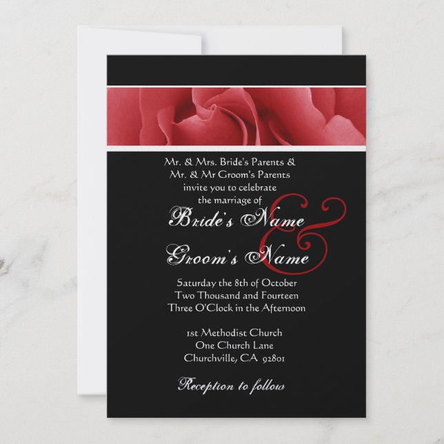 Invitación Rosa roja y Boda de fondo negro (Anverso)