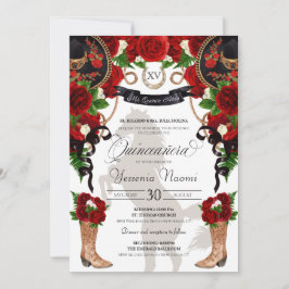Invitación Rosa Roja y Charra Occidental Negra Quinceanera