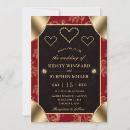 Invitación Rosa Roja y Dorada Patrón y Corazones Dorados Boda
