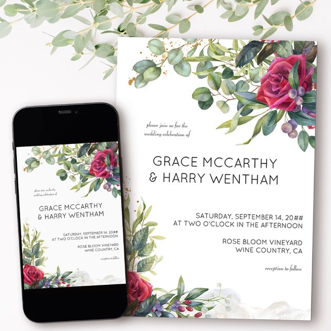 Invitación Rosa Roja y Eucalipto Boda moderno simple (Floral wedding invitation from my Red Rose and Eucalyptus collection)