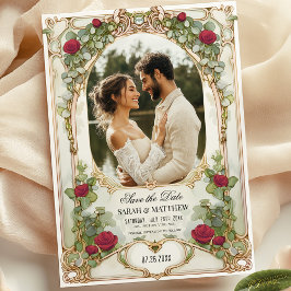 Invitación Rosa Roja y Floral de oro salvan la fecha con foto