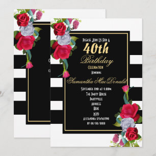 Invitación Rosa roja y franja negra 40 años