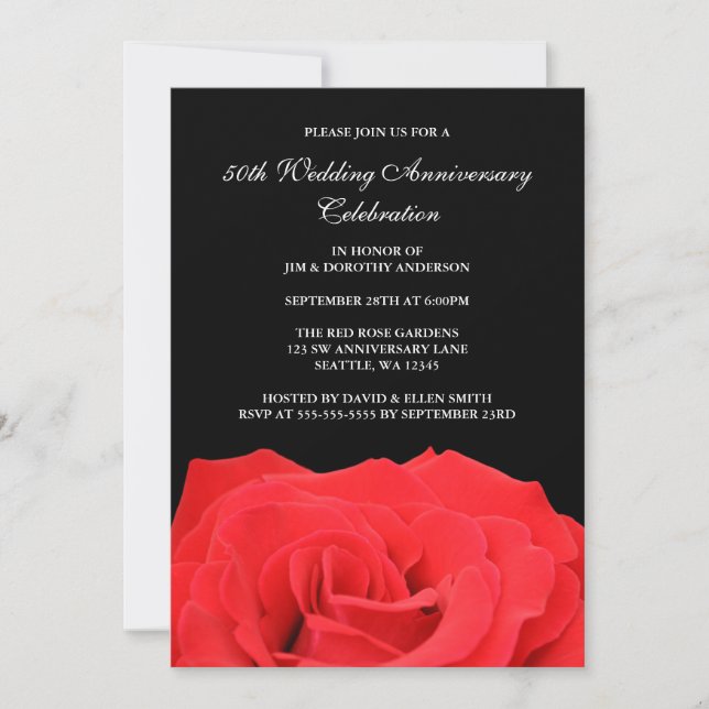Invitación Rosa Roja y Negro 50 Aniversario de Bodas (Anverso)
