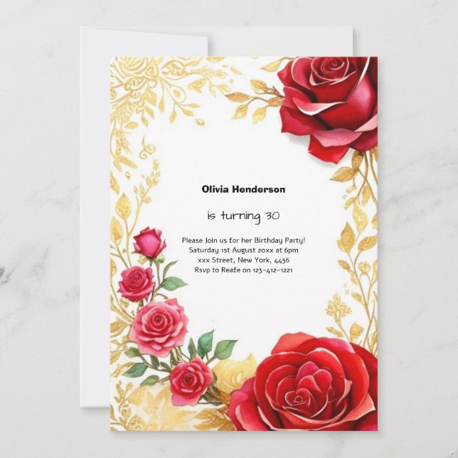Invitación Rosa Roja y Oro 30 años (Anverso)