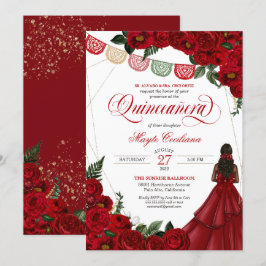 Invitación Rosa Roja y Papel Picado Quinceañera 15º cumpleaño