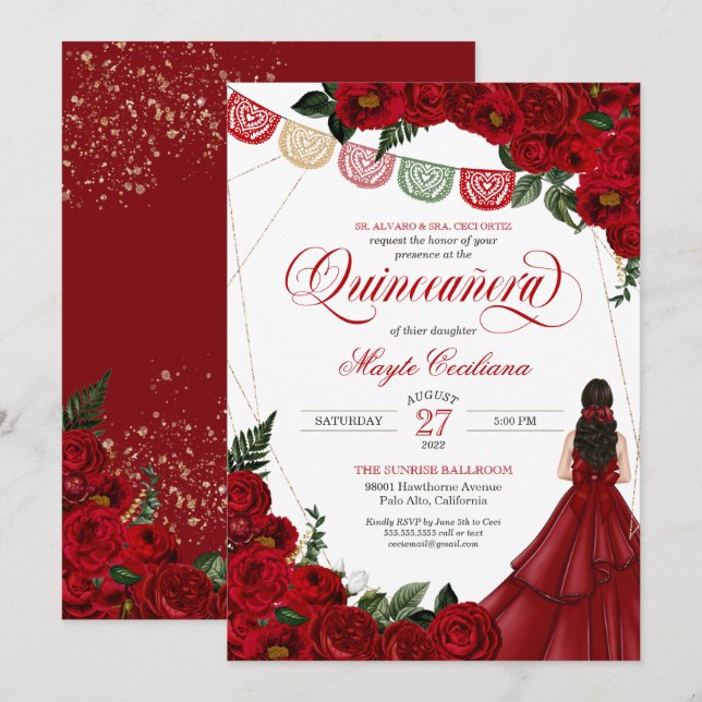 Invitación Rosa Roja y Papel Picado Quinceañera 15º cumpleaño (Anverso / Reverso)
