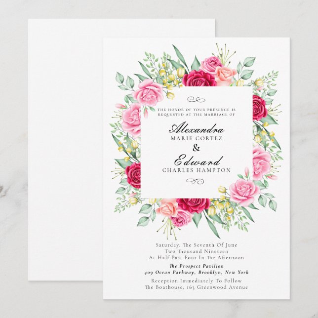 Invitación Rosa roja y rosa, boda jardín (Anverso / Reverso)
