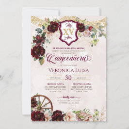 Invitación Rosa Rojo Borgoña Elegante Charro Quinceanera