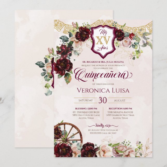 Invitación Rosa Rojo Borgoña Elegante Charro Quinceanera (Anverso / Reverso)