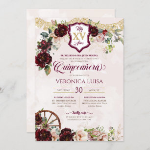 Invitación Rosa Rojo Borgoña Elegante Charro Quinceanera