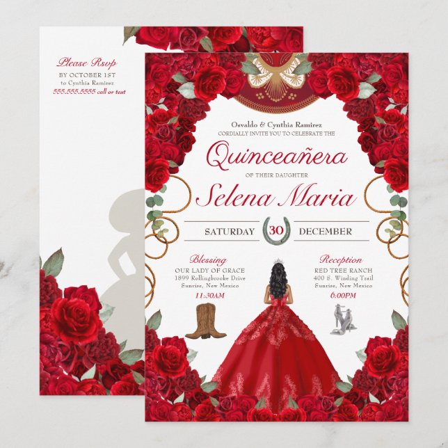 Invitación Rosa Rojo Charro Elegante Flor Botánica Quinceaner (Anverso / Reverso)