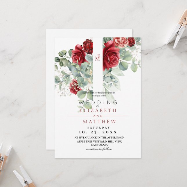 Invitación Rosa rojo de Rubor y elegante floral boda (Anverso/Reverso In Situ)
