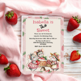 Invitación Rosa Rojo Dos Dulces Fresas Segundo Fiesta de Cump