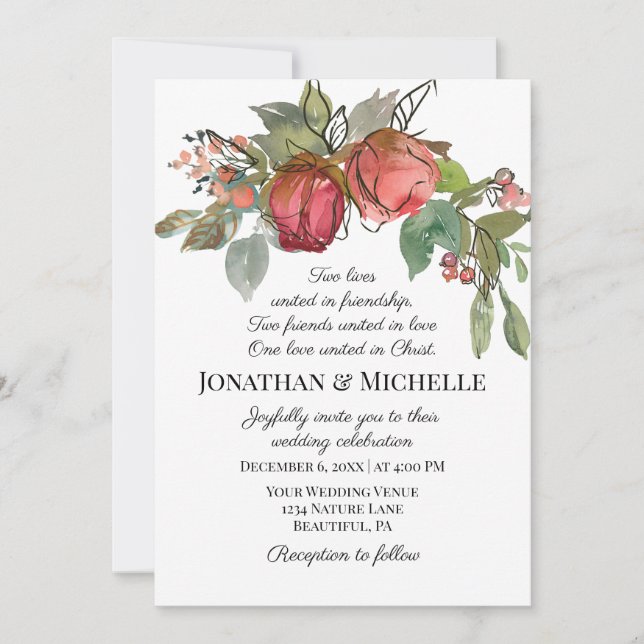 Invitación Rosa Rojo Dos Rosas Verde Boda cristiano (Anverso)