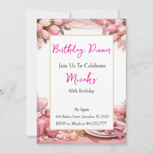 Invitación Rosa Rojo, Elegante Cena de Cumpleaños Femenina de
