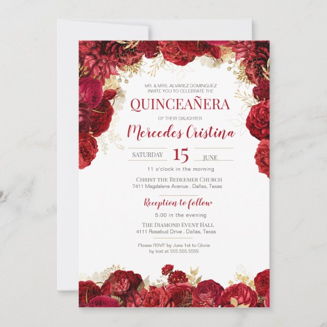 Invitación Rosa Rojo Elegante Floral Quinceanera (Anverso)
