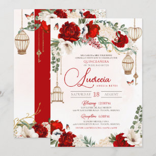 Invitación Rosa Rojo Elegante Mariposa Botánica Quinceañera