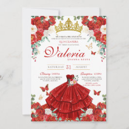Invitación Rosa Rojo Elegante Mariposa Princesa Quinceañera