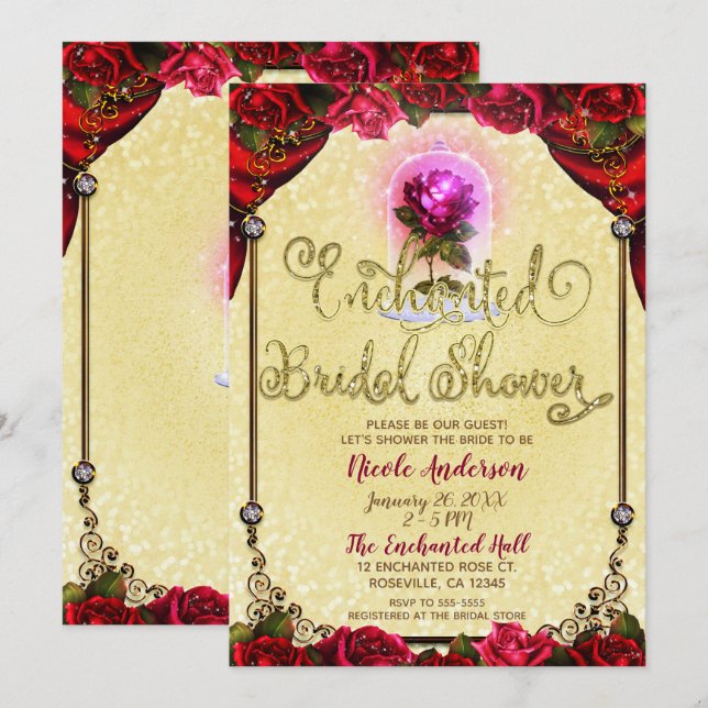 Invitación Rosa Rojo Encantado Beauty Bridal Shower (Anverso / Reverso)