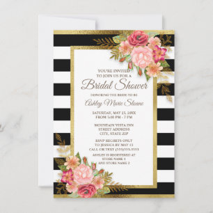 Invitación Rosa Rojo Floral Negro Blanco Rayas Doradas Nupcia