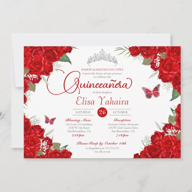 Invitación Rosa Rojo Floral Plata Tiara Mariposa Quinceanera (Anverso)