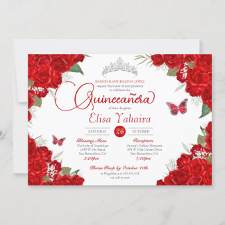 Invitación Rosa Rojo Floral Plata Tiara Mariposa Quinceanera