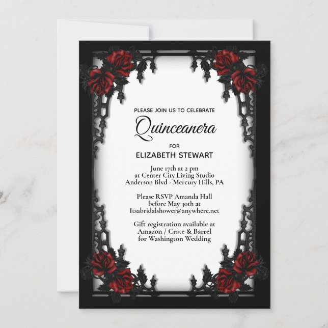 Invitación Rosa Rojo Gótico Quinceanera Puerta de Hierro Blan (Anverso)