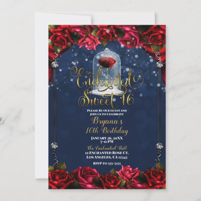 Invitación Rosa Rojo Marina Azul Dorado Dulces 16 16 Cumpleañ (Anverso)