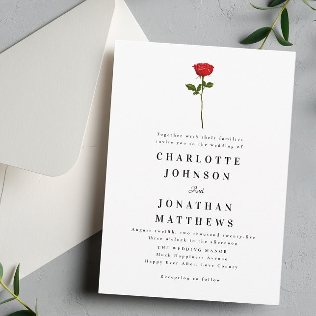Invitación Rosa Rojo minimalista elegante moderno (Simple red rose watercolor elegant modern wedding invitation. Watercolor floral stylish romantic )