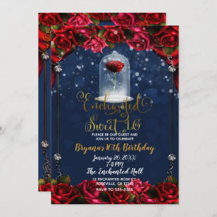 Invitación Rosa Rojo Navy Blue & Gold Sweet 16 Fiesta