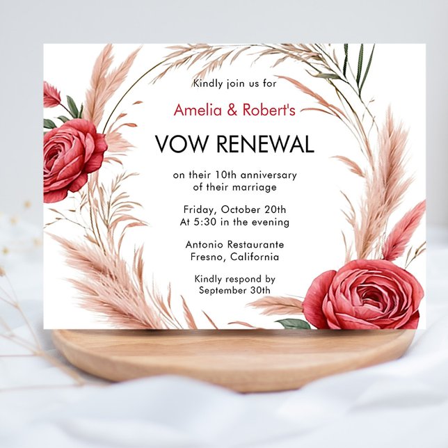 Invitación Rosa Rojo Rosa Rosa Boho Pampas Vow Renovación (Subido por el creador)