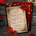 Invitación Rosa Rojo Vintage Black Gold Elegante Quinceanera<br><div class="desc">Elegantes invitaciones de quinceañera vintage que fácilmente se pueden haber personalizado para un cumpleaños 15, una dulce celebración 16, o incluso un boda. Simplemente cambie el tipo de caligrafía del guión para que coincida con la celebración y añada sus propios detalles. El diseño botánico rústico representa rosas rojas románticas en...</div>