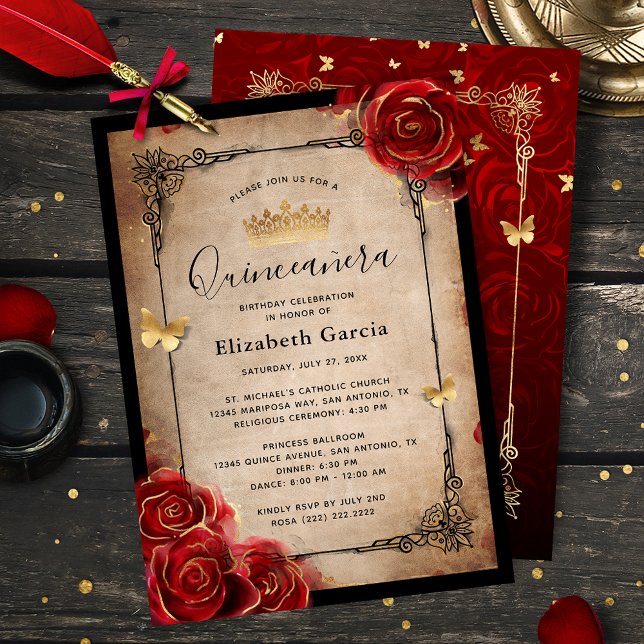 Invitación Rosa Rojo Vintage Black Gold Elegante Quinceanera (Elegant black, red and gold quinceanera invitations that are easy to personalize.)