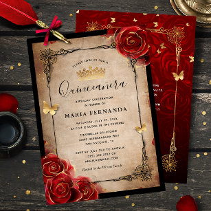 Invitación Rosa Rojo Vintage Black Gold Elegante Quinceanera