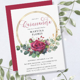 Invitación Rosa Rojo y Eucalipto Elegante Quinceanera floral