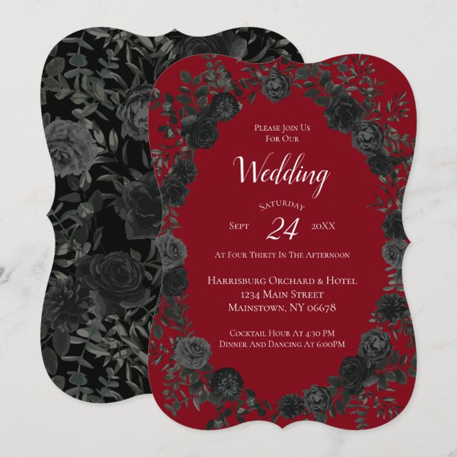 Invitación Rosa rojo y negro Boda gótico (Anverso / Reverso)