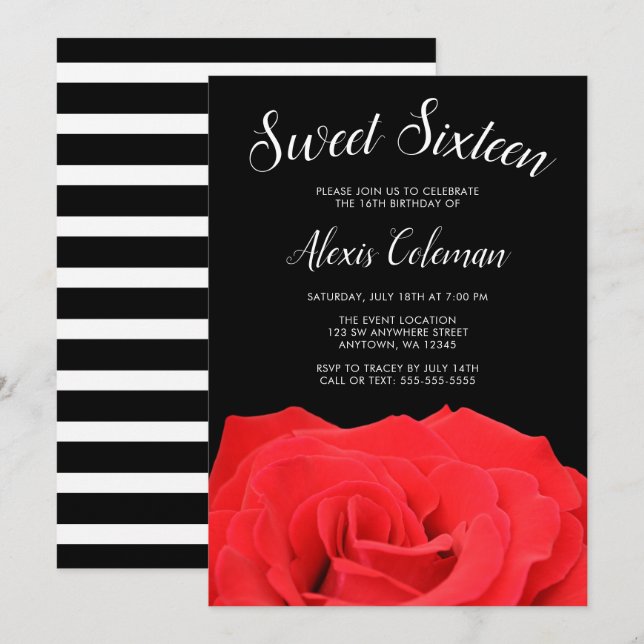 Invitación Rosa rojo y negro dulce 16 (Anverso / Reverso)