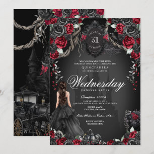 Invitación Rosa rojo y negro Quinceañera Halloween Gótico
