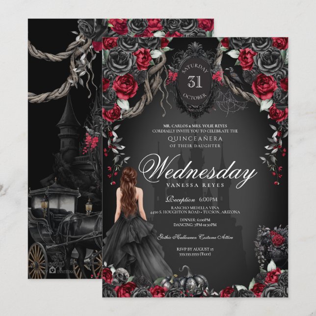 Invitación Rosa rojo y negro Quinceañera Halloween Gótico (Anverso / Reverso)