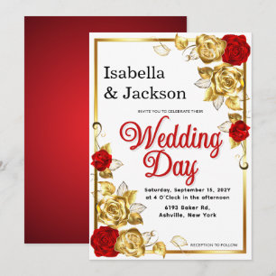 Invitación Rosa Rojo Y Oro Boda Floral