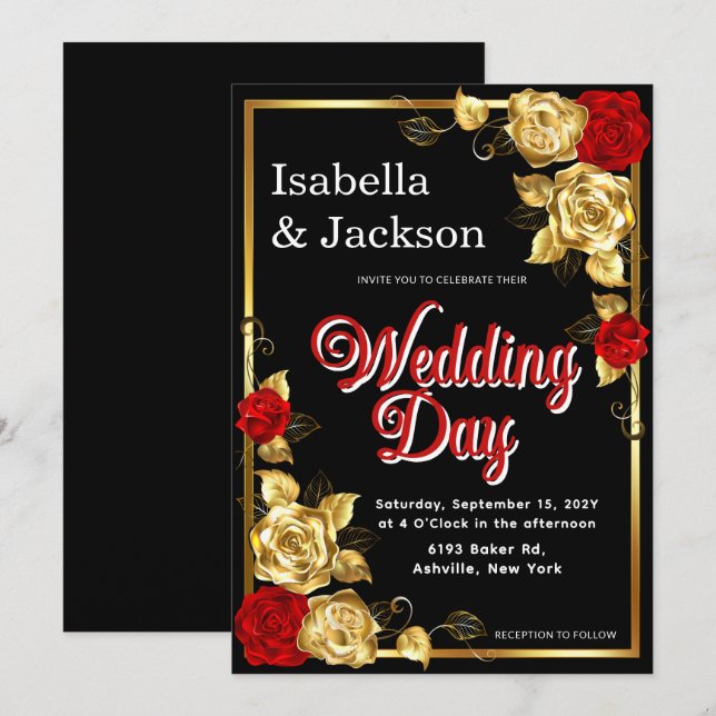 Invitación Rosa Rojo Y Oro Boda Floral (Anverso / Reverso)