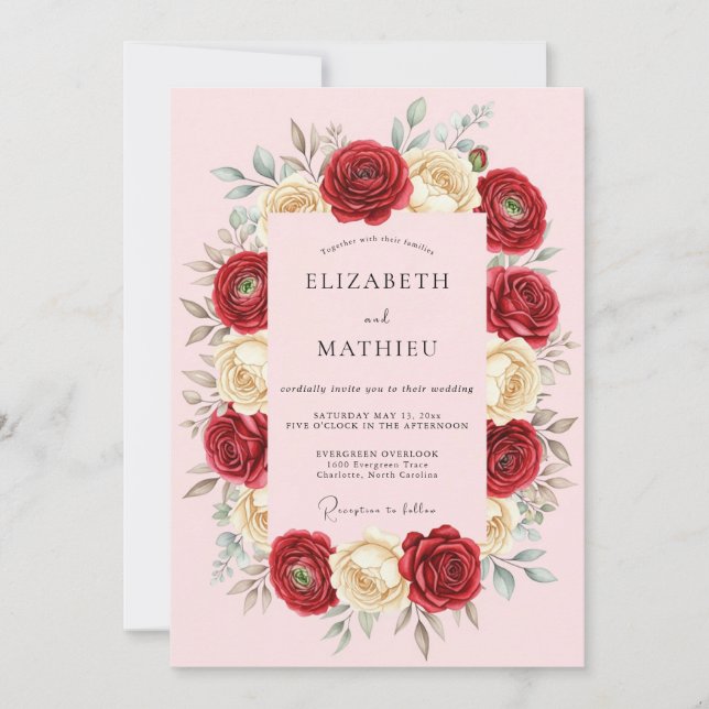 Invitación Rosa Romántica Roja Boda de Primavera (Anverso)