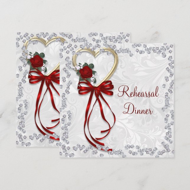 Invitación Rosa romántico, Boda de diamantes y cinta roja (Anverso / Reverso)