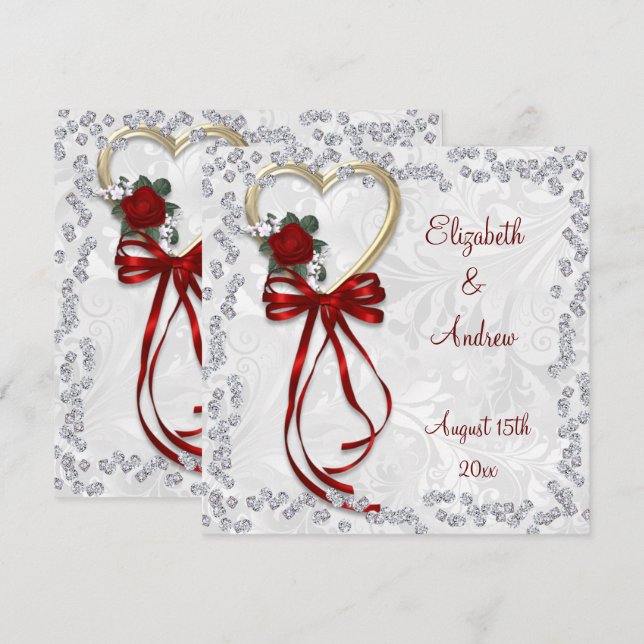 Invitación Rosa romántico, Boda de diamantes y cinta roja (Anverso / Reverso)