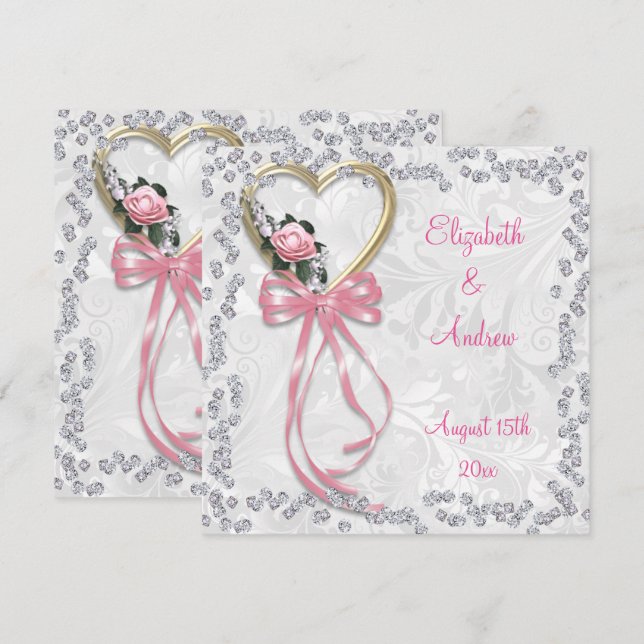 Invitación Rosa romántico, Boda de diamantes y cintas (Anverso / Reverso)