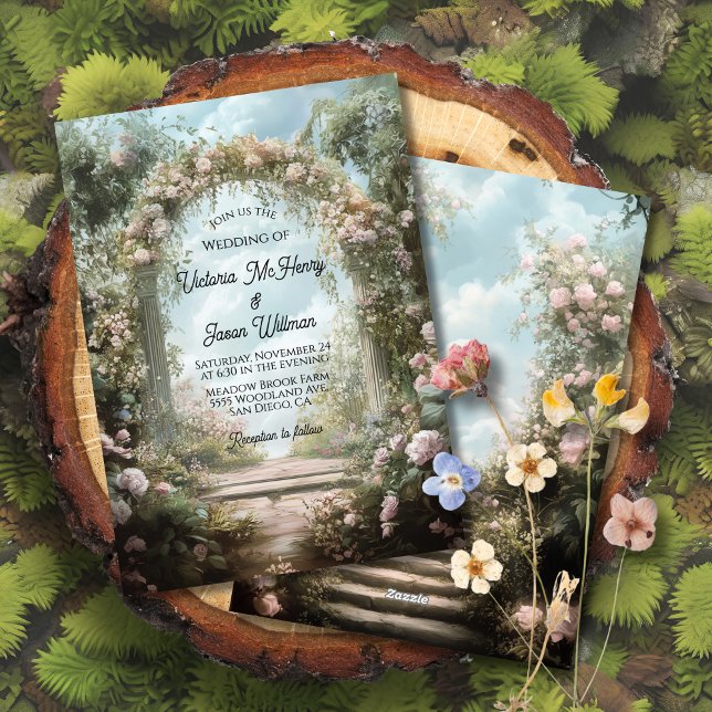 Invitación Rosa romántico boda de libro de cuentos sobre arco (Subido por el creador)
